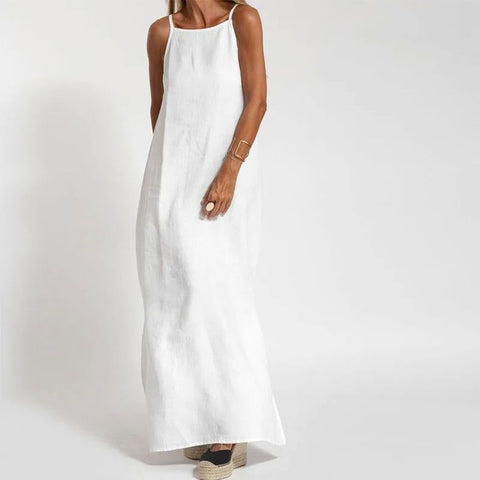 Fashion casual cotton and linen split suspender dress m302080