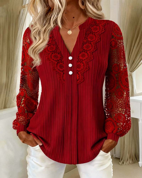 New solid color V-neck lace blouse m303213