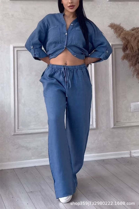 Casual cotton and linen solid color shirt drawstring wide-leg pants set m302317