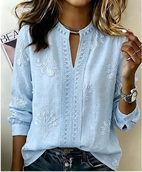 3D printed fashion retro floral V-neck long-sleeved top m303075