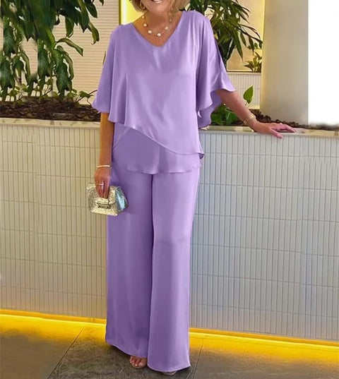 Set Solid color V-neck irregular hem casual set m301319