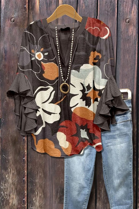 Creative floral element printing digital printing casual trend V-neck lotus edge T-shirt m301358