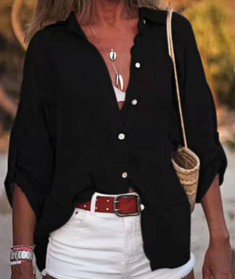 Women's Cotton and Linen Solid Color Loose 3/4 Sleeve Shirt M300358