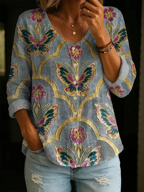 Crew Neck Women's Floral 3D Printed Women's Henley Shirt m302611