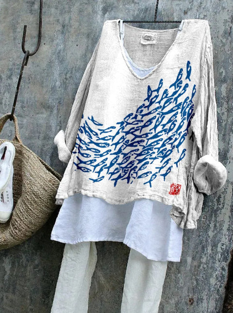 Long-sleeved printed casual pullover loose round neck single-piece T-shirt m301042