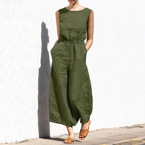 Summer solid color high waist sleeveless trousers women's fashion casual loose temperament jumpsuit m301893