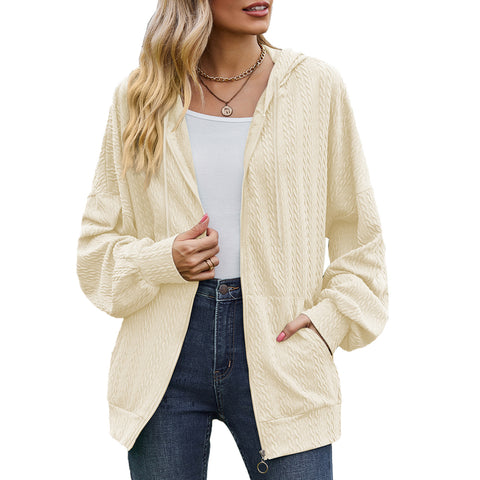 Solid color pocket long sleeve loose hooded sweater women's jacket m300392
