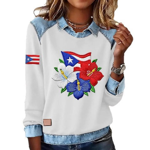 Lapel top imitation denim sweater long-sleeved women's top m302160