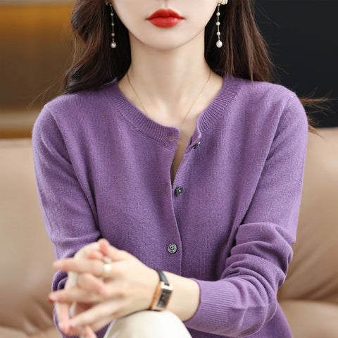 Knitted cardigan early spring crew neck sweater women's long-sleeved solid color versatile jacket women's m301748
