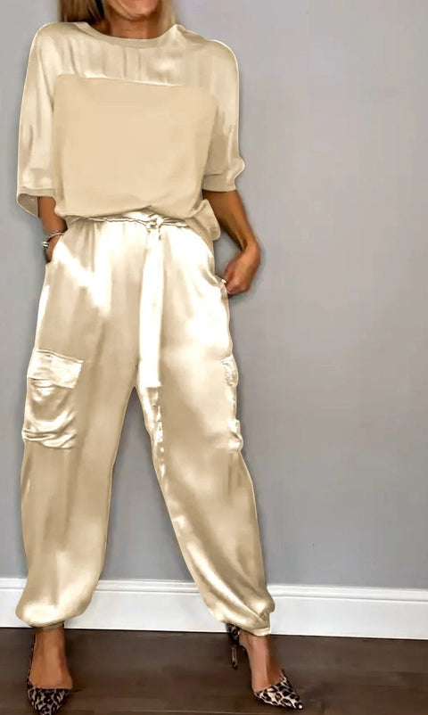 Women's smooth satin half-sleeved top and pants set two-piece set m301649