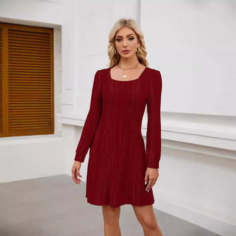 Square neck lantern sleeve doll pocket long sleeve dress m300921