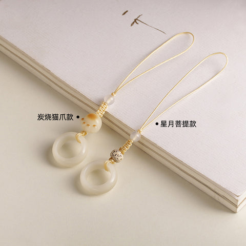 White jade Bodhi root running ring mobile phone chain hand-woven cute Dongling jade keychain pendant m3331261