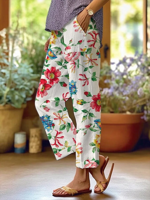 Linglong hemp digital printing simple crimped casual pants m303184