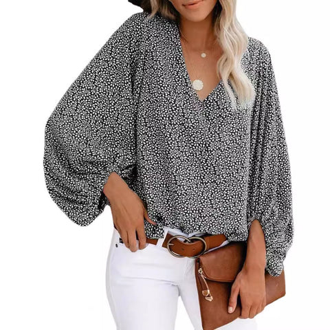 V-neck shirt printed lantern sleeve women's top m301626