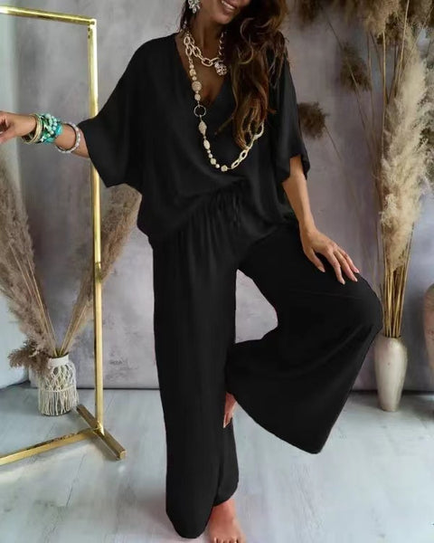 V-neck bat sleeve casual loose wide-leg pants suit women's m302414