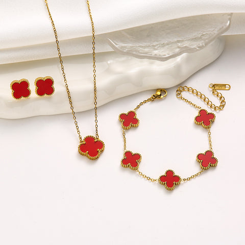 Double sided clover titanium steel jewelry set with laser bracelet, light luxury diamond inlay m5010677