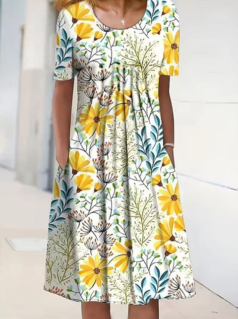 Spring/Summer Flower Printed Round Neck Pocket Mid length Dress for Women's Clothing m300037