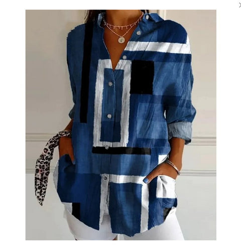 3D digital printing abstract pattern women's long-sleeved buckle linen shirt m301277