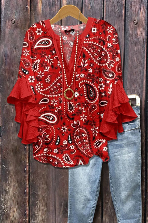 Creative floral element printing digital printing casual trend V-neck lotus edge T-shirt m301358