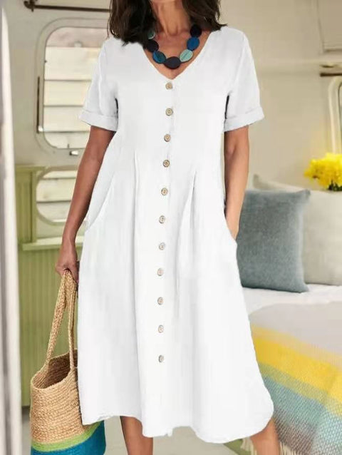 New solid color loose high waist cotton and linen dress m301192