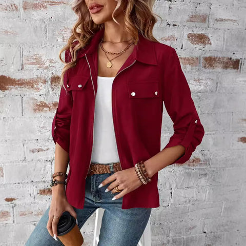 lapel zipper cardigan purse hat solid color long sleeve jacket m300675