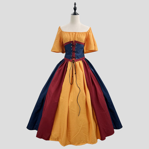 Medieval retro contrasting color slim-fit skirt flying sleeve big swing skirt m301546