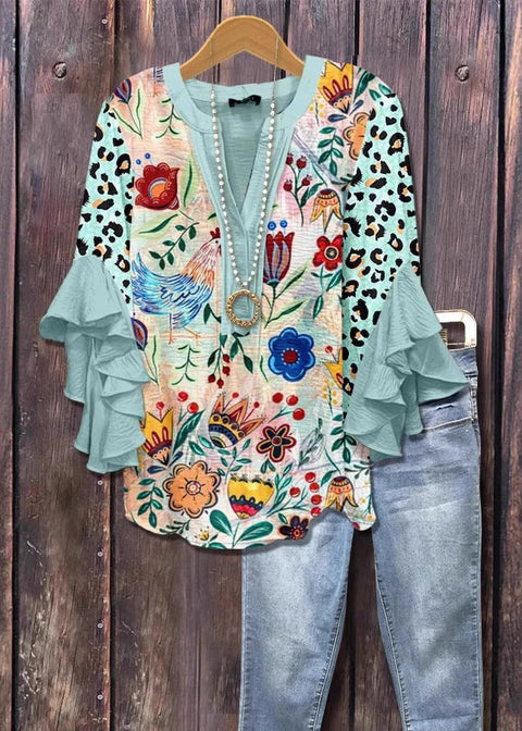 Creative floral element printing digital printing casual trend V-neck lotus edge T-shirt m301358