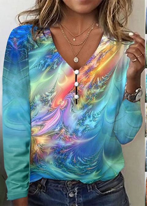 V-neck star tie-dye pearl button long-sleeved T-shirt sweater m300609