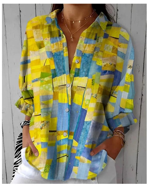 3D digital printing abstract pattern women's long-sleeved buckle linen shirt m301277