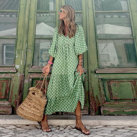 Geometric print bubble sleeve dress street fried street skirt m300902