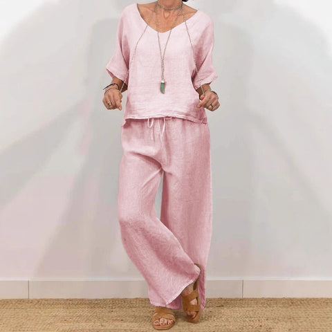 Casual V-neck pullover five-quarter sleeves plus trousers multi-colored women's two-piece set m301430