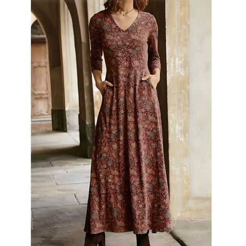 Cotton printed V-neck pocket long sleeve dress m300706