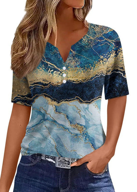 Women's T-shirt V-neck three-button 3D printing short sleeve m300477