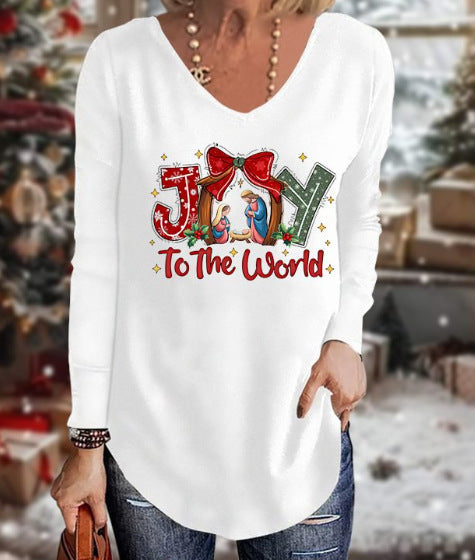 Loose 3D V-neck long-sleeved T-shirt women's Christmas printed bottoming shirt m302098