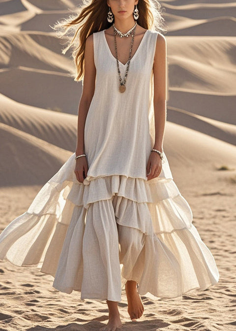 Damen-Kleid aus Baumwolle und Leinen, locker geschnitten, großer Rock, ärmellos m302976