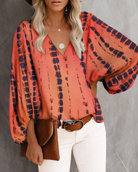 V-neck shirt printed lantern sleeve women's top m301626