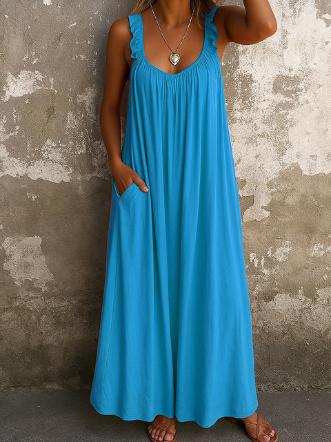Casual suspender U-neck regular pleated multi-color women's dress m301443