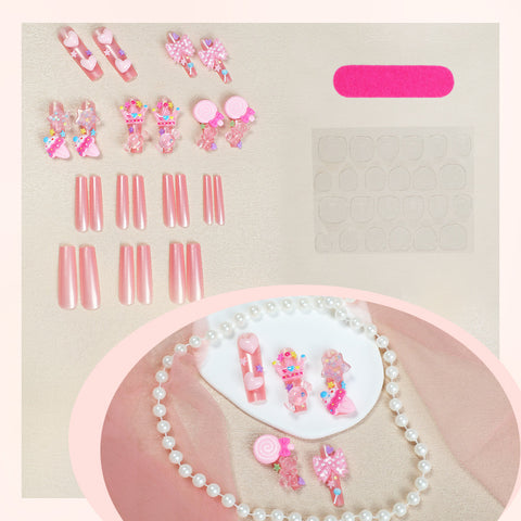 Wear nail pads Long water pipe nail art Three-dimensional candy bow accessories Nail pads 24 pieces