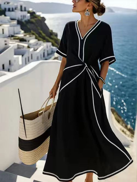 V-neck women's fashion elegance commuter ladies printed striped dress print ladies print ladies m302355