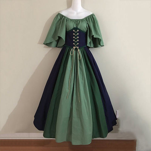 Medieval retro contrasting color slim-fit skirt flying sleeve big swing skirt m301546
