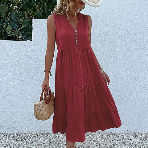 Summer popular sleeveless pleated skirt loose V-neck medium and long dress m300851