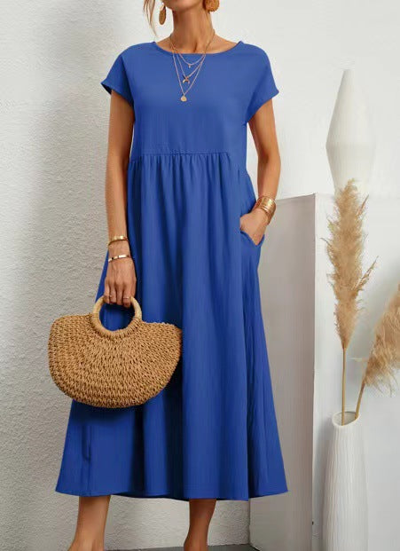 Sleeveless loose cotton and linen pocket dress m301061