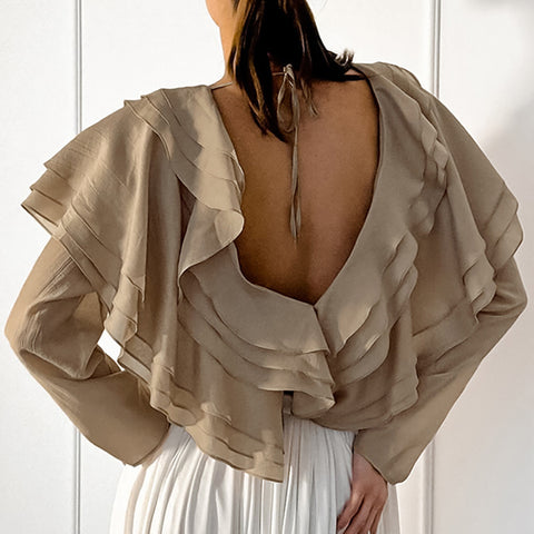 French niche V-neck ruffle leaf edge backless long-sleeved shirt temperament casual versatile European and American style m301820