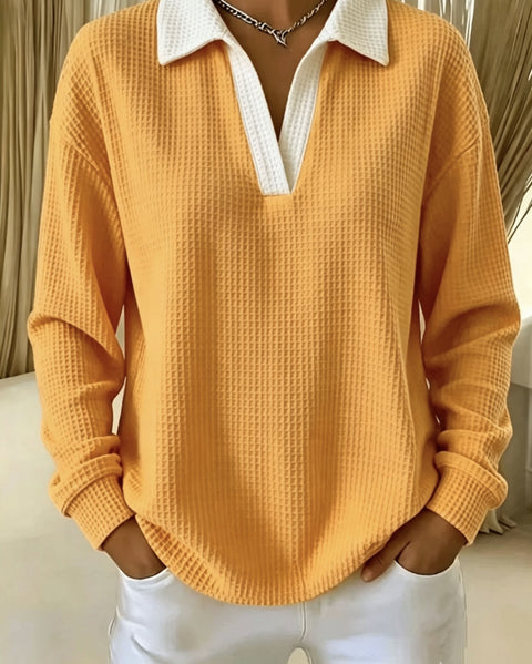 Waffle Contrast Long Sleeve Polo Top Women's m303233