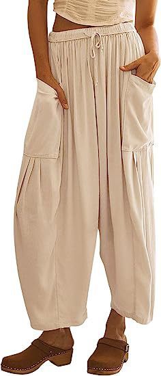 Elastic waist pleated middle waist straight pants loose casual cotton and linen nine-point pants m301883