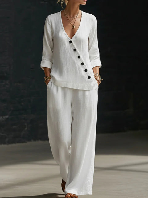 Temperament loose V-neck diagonal button-down shirt wide-leg pants two-piece set m302397