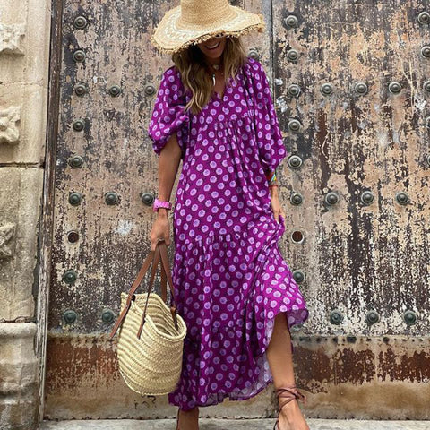 Geometric print bubble sleeve dress street fried street skirt m300902