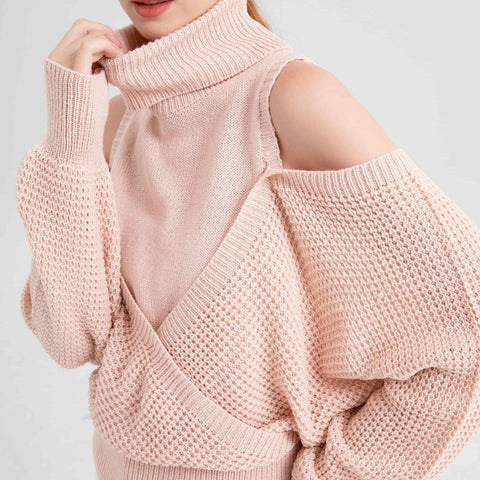 Autumn and winter turtleneck off-the-shoulder sweater, gentle wind, high-end sense, solid color knitted double-layer design sense, long-sleeved women's clothing m301923