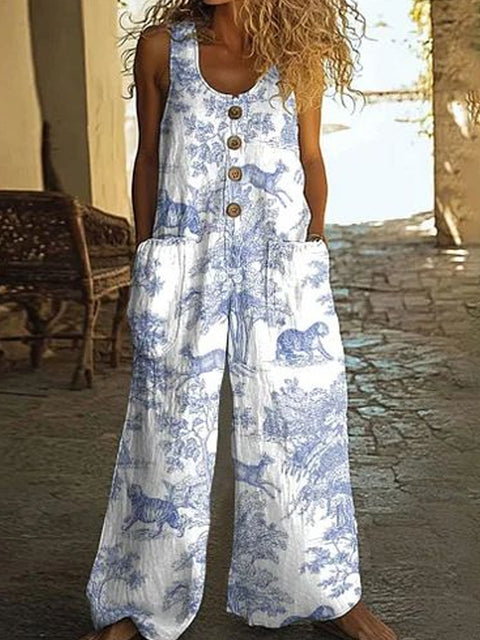 Casual sleeveless loose pocket overalls women's long jumpsuit m301435