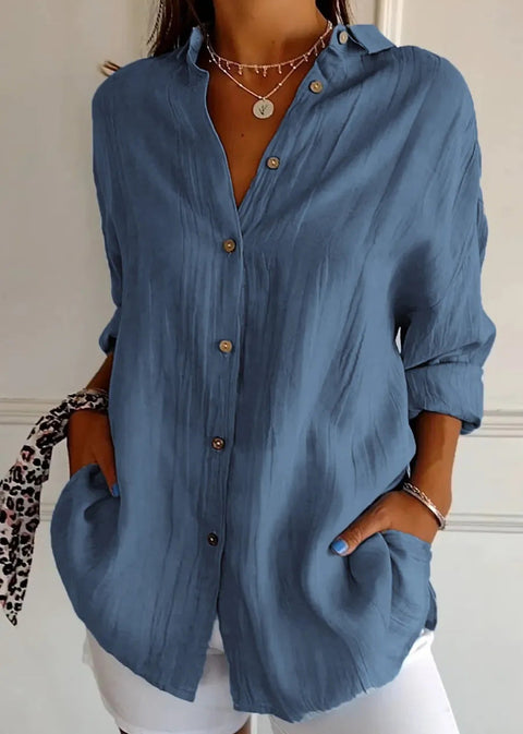 Women's Single-Breasted Pleated Lapel Shirt Solid Color Rollable Sleeves Top M300226